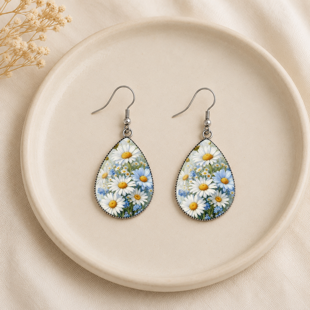 White and Blue Floral Teardrop Earrings