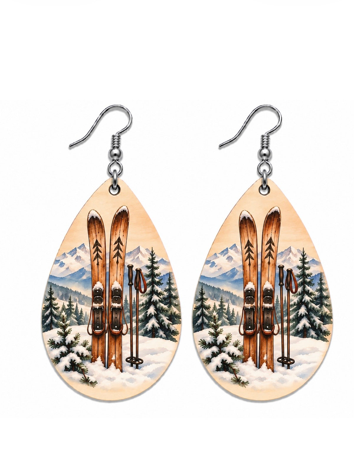 Vintage Skis & Snowy Mountains Teardrop Earrings