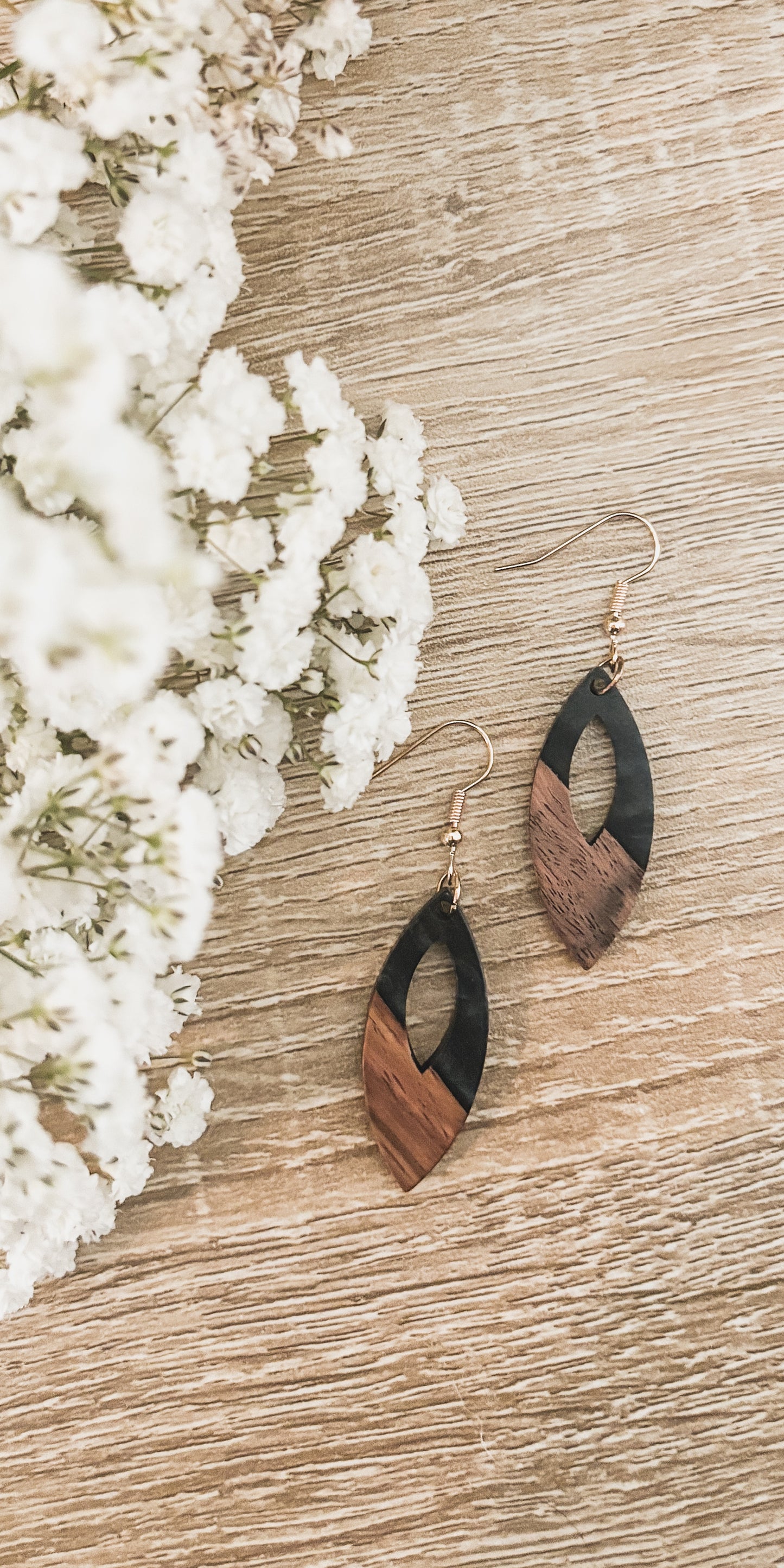 Oval Wood and Charcoal Drop Earrings