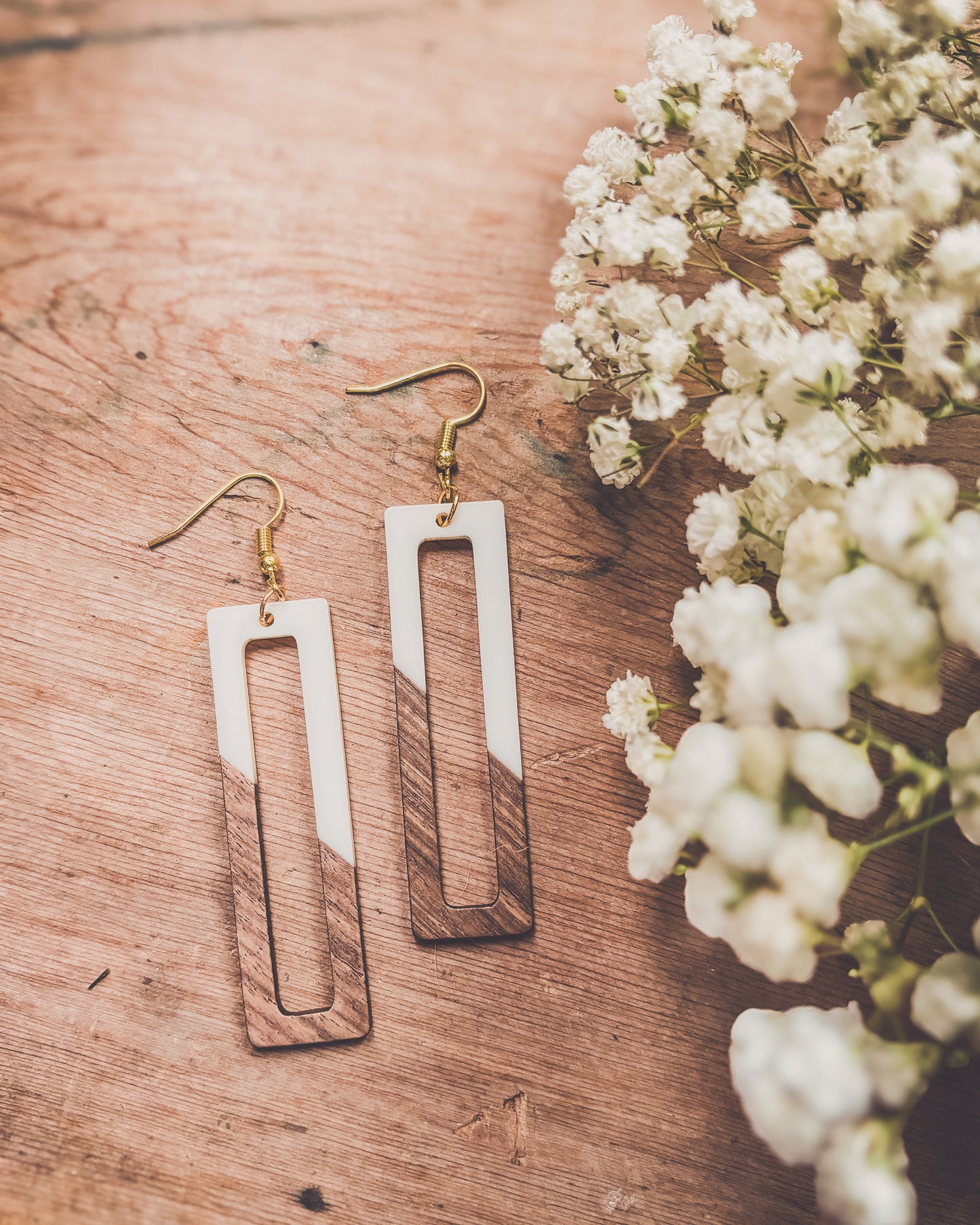 Beautiful White and Wood Rectangular Drop Earrings