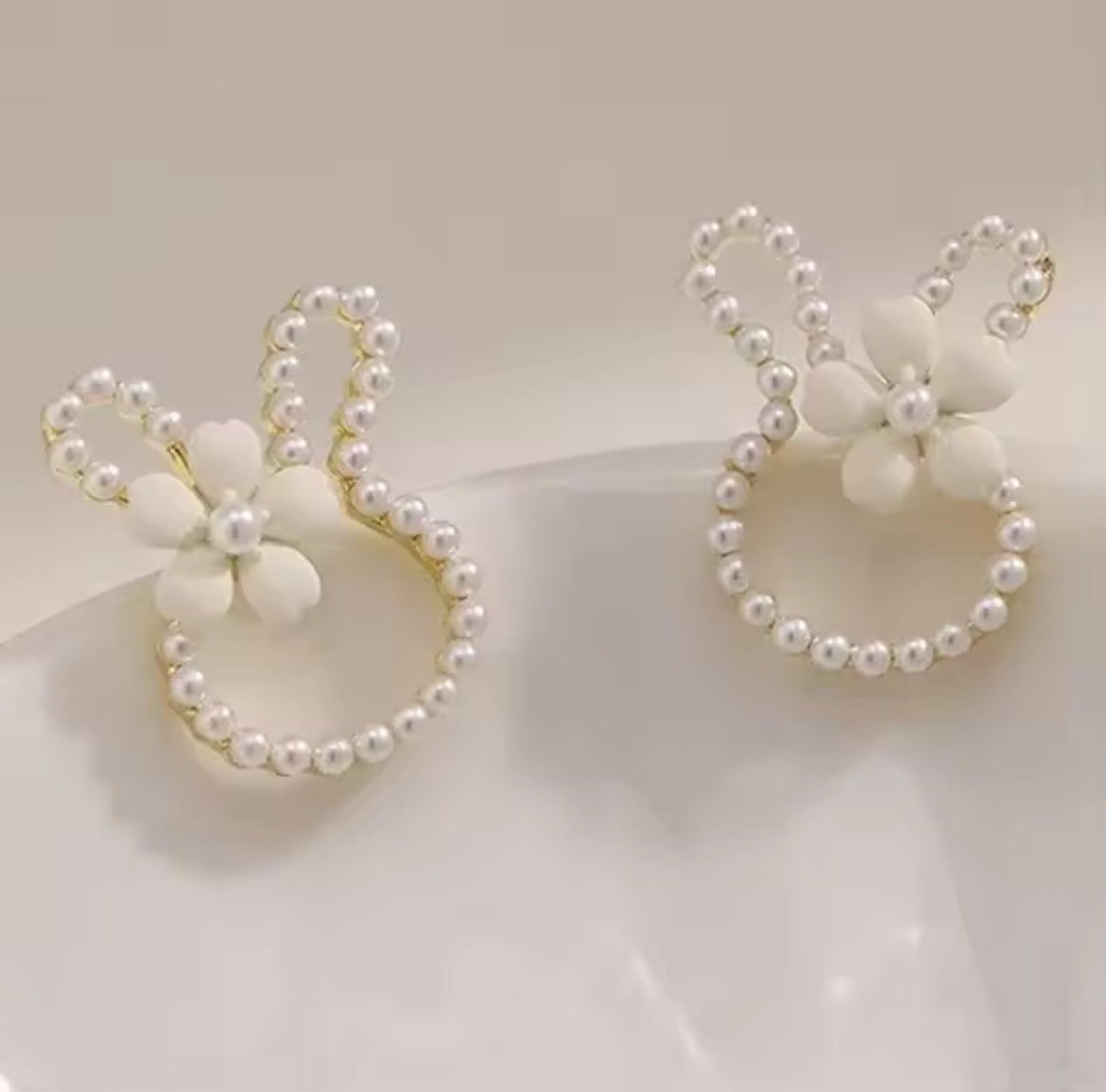 Easter Bunny Earrings with Pearls and a White Dainty Flower