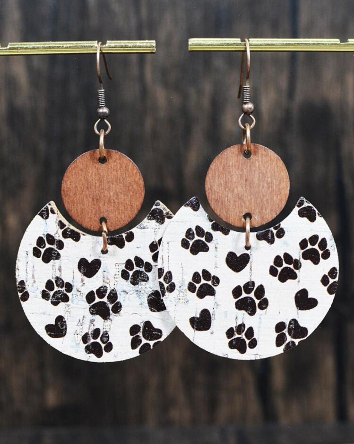 Adorable Wood and Cork Paw Drop Earrings