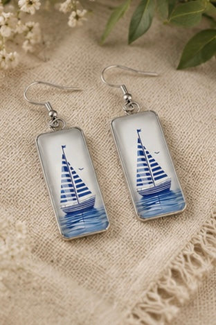Blue Sailboat Rectangle Dangle Earrings