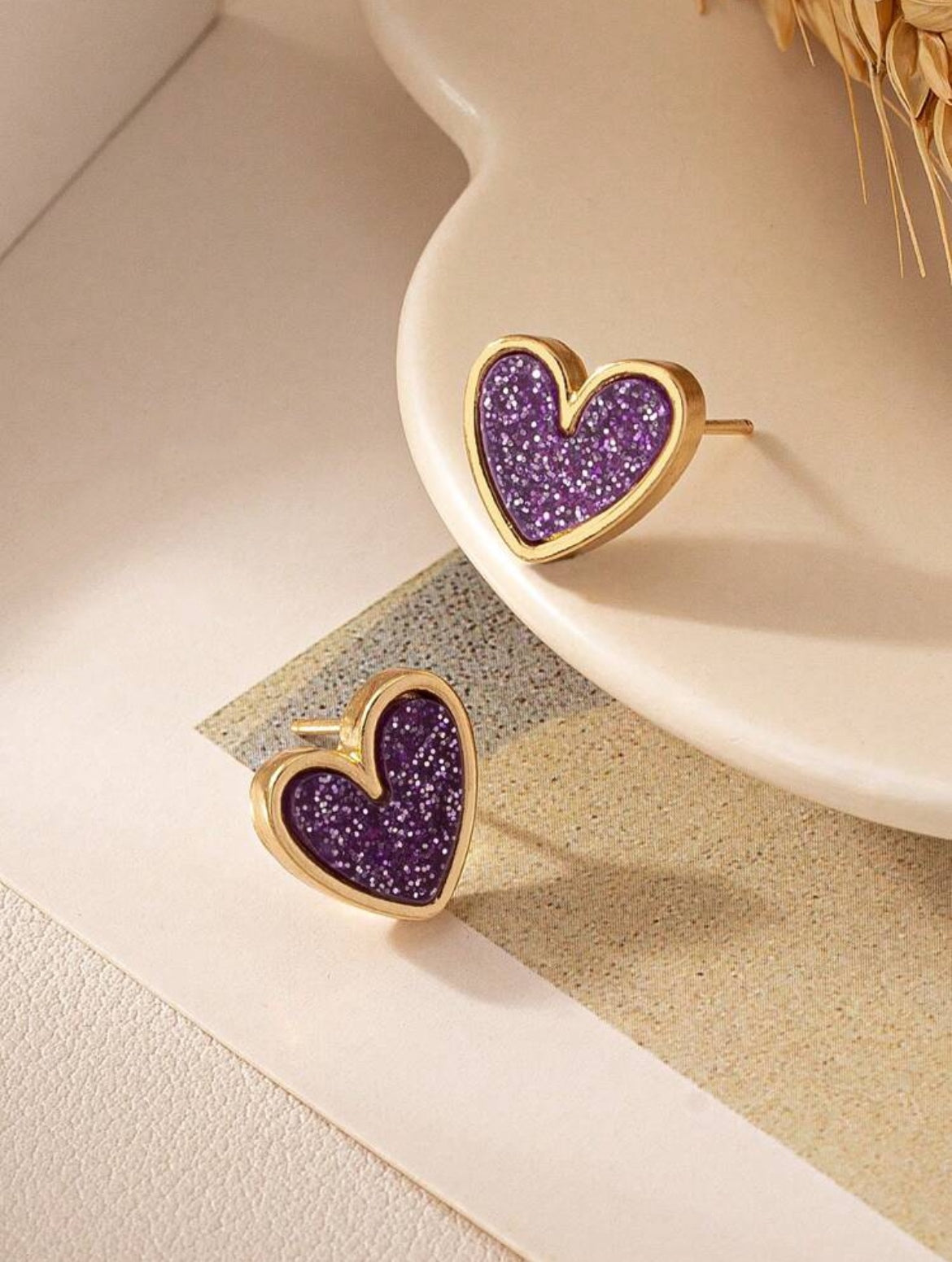 Beautiful Purple Glitter Heart Earrings