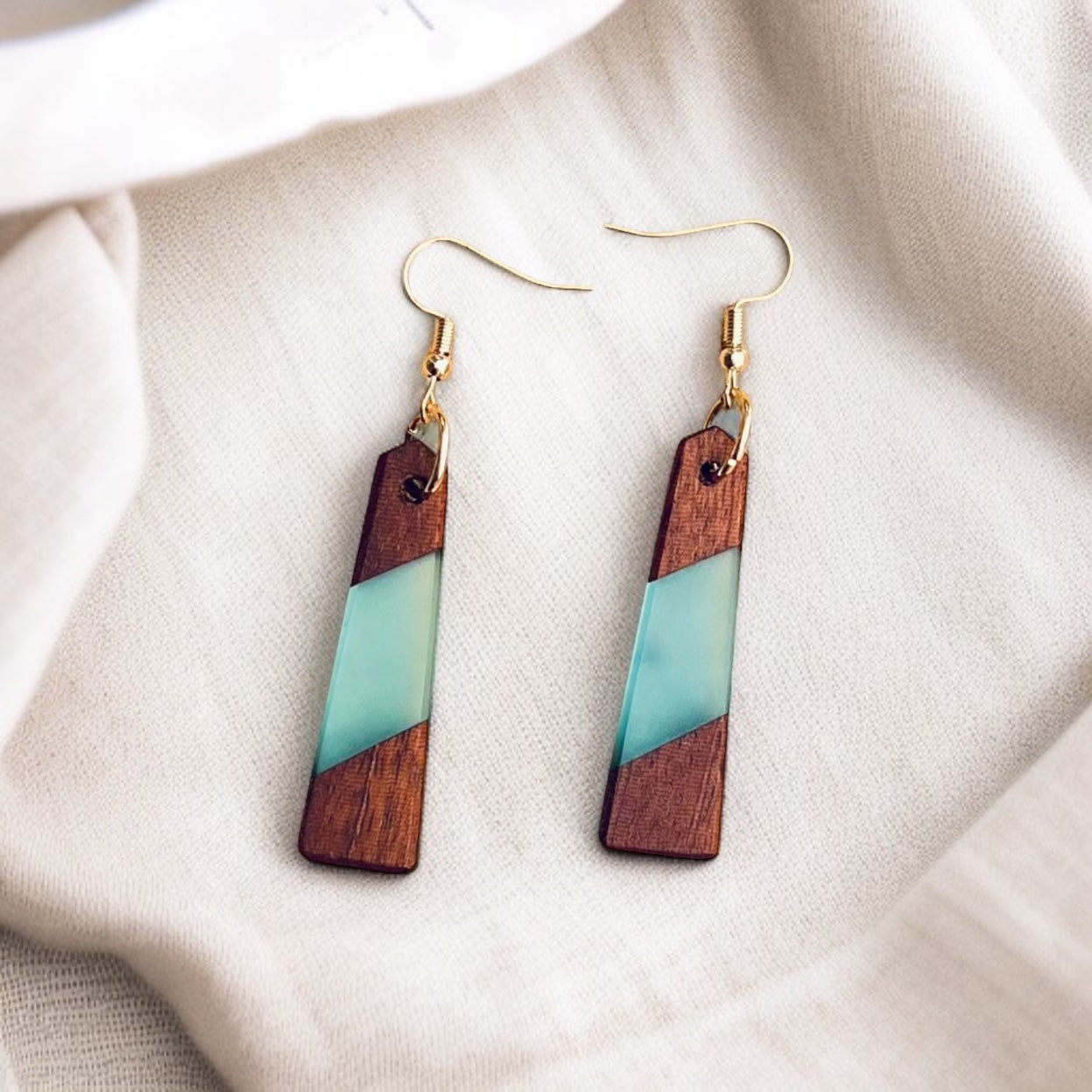 Wood and Blue Resin Earrings