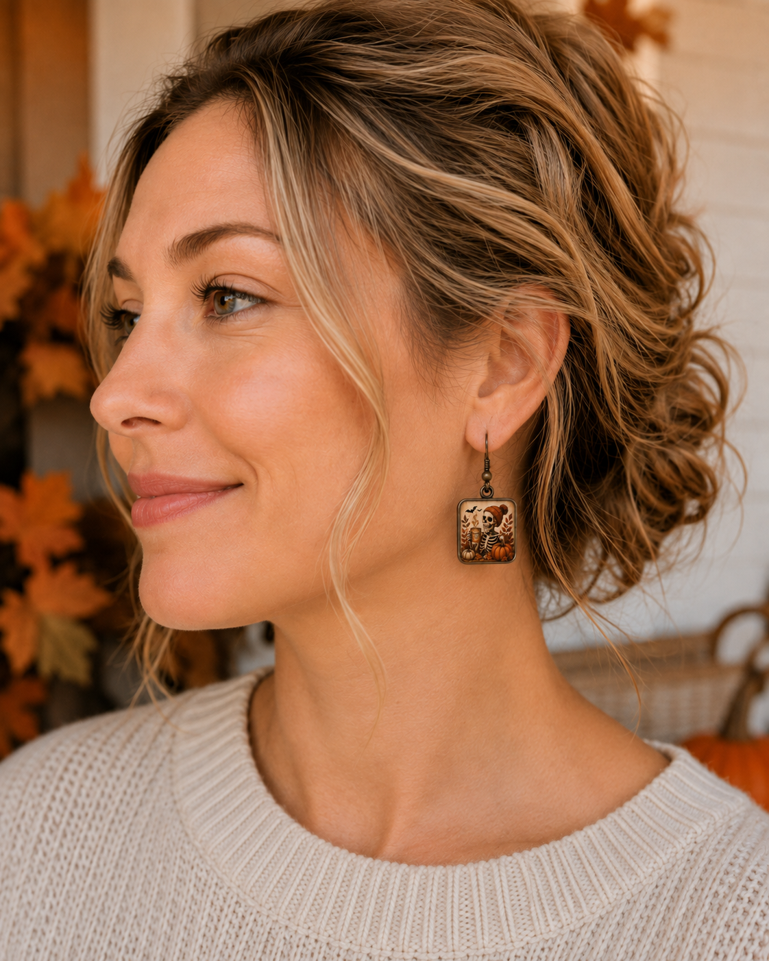 Pumpkin Spice Skeleton Square Earrings