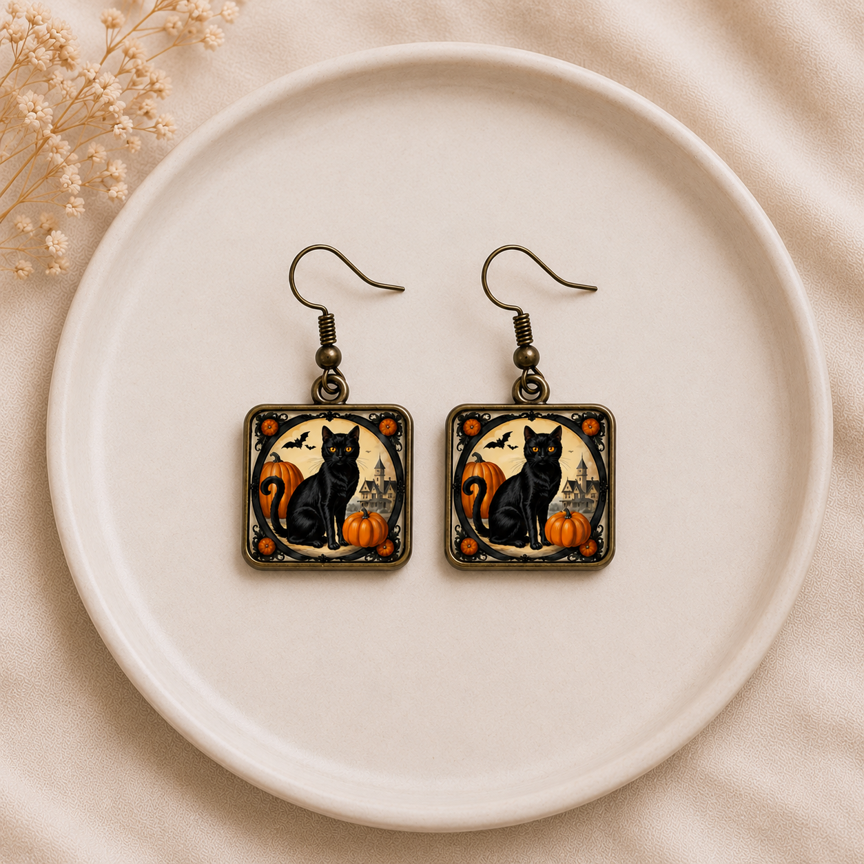 Vintage Black Cat Halloween Earrings