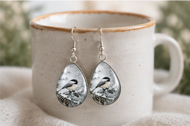 Snowy Chickadee Teardrop Earrings