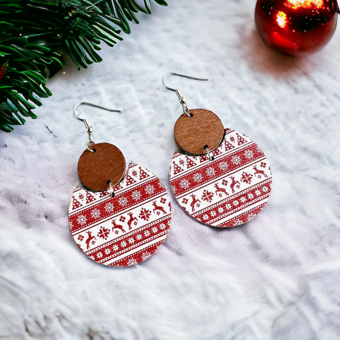 Beautiful Red and White Christmas Striped Wooden Earrings