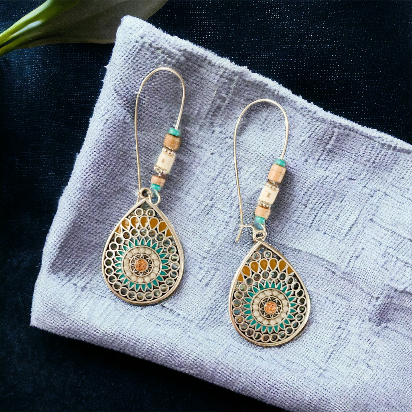 Vintage Drop Earrings with Turquoise and Tan Accents