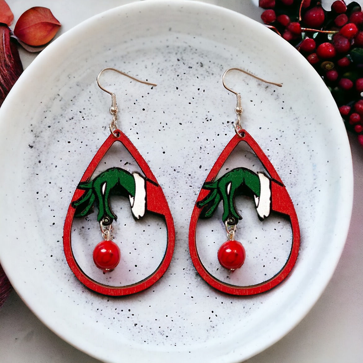 Wooden Green and Red Christmas Drop Earrings