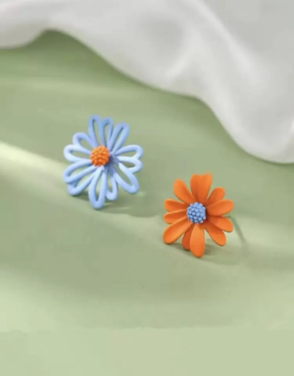Beautiful Mismatched Blue and Orange Flower Earrings