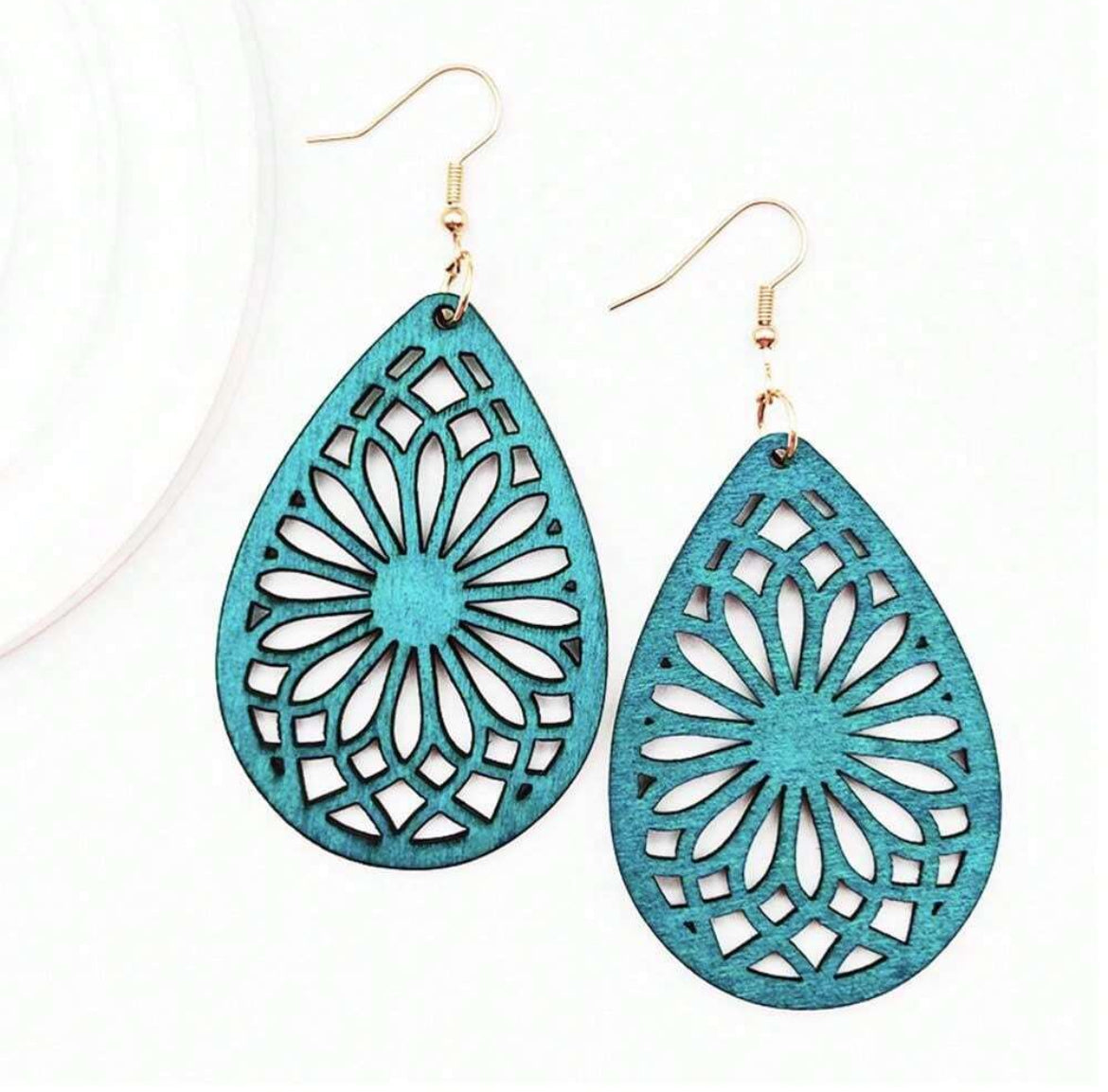 Beautiful Wooden Turqoise Drop Earrings