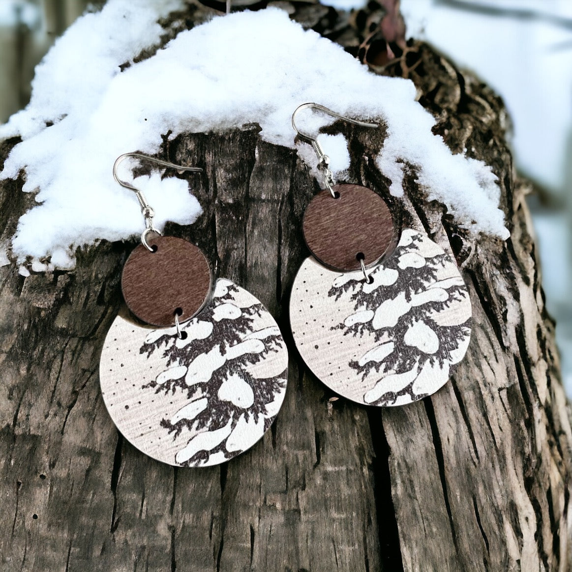 Wooden Snowy Trees Drop Earrings