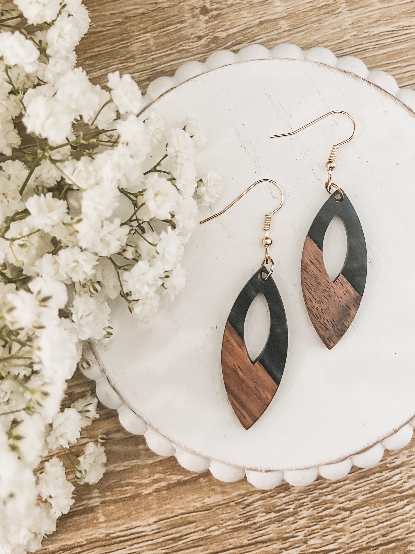 Oval Wood and Charcoal Drop Earrings