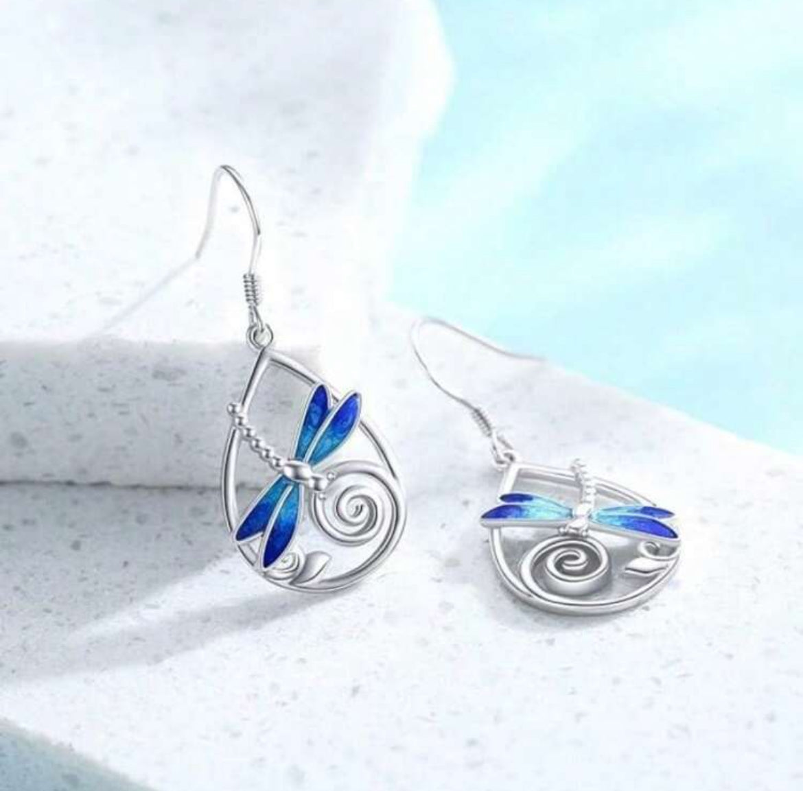 Beautiful Silver and Blue Dragonfly Teardrop Earrings