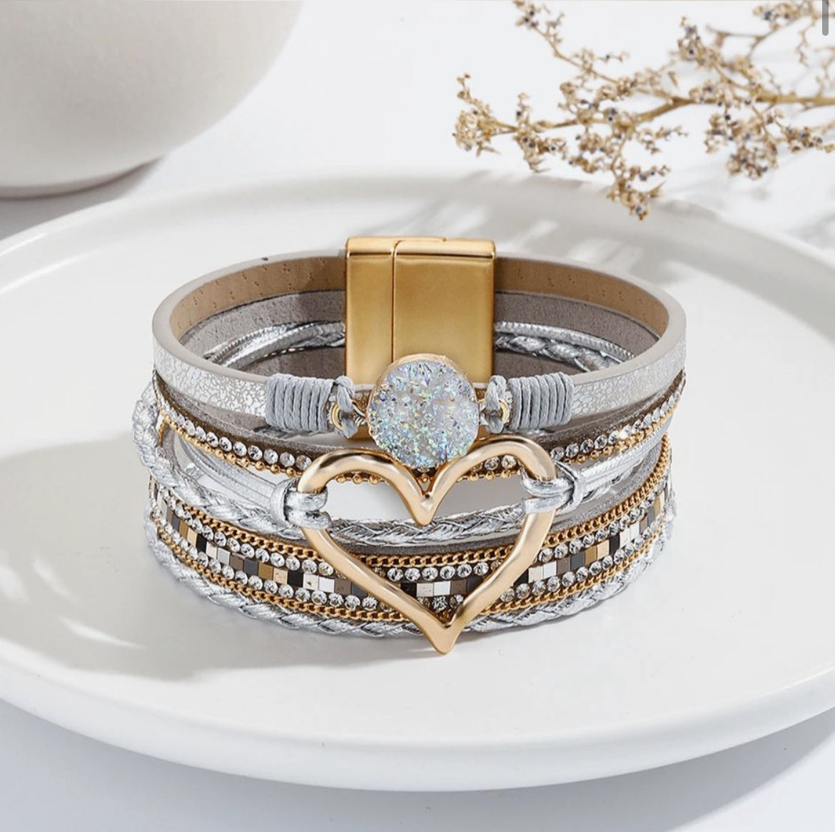 Silver Heart and Rhinestone Layered Bracelet