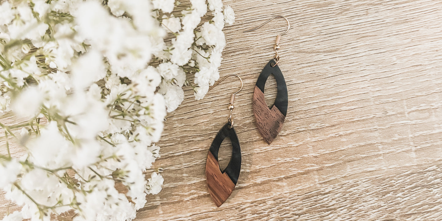 Oval Wood and Charcoal Drop Earrings