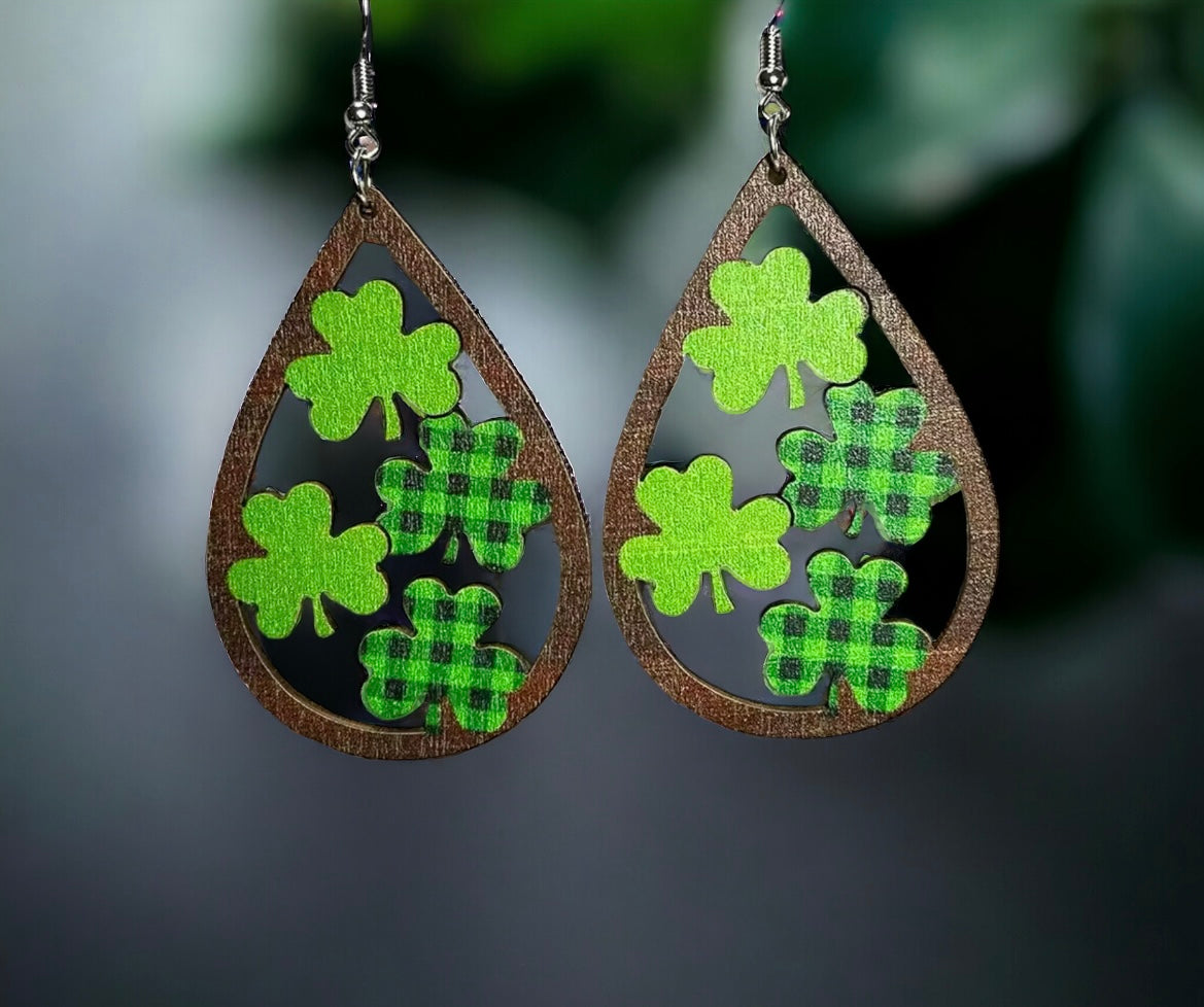 Wooden Shamrock Teardrop Earrings