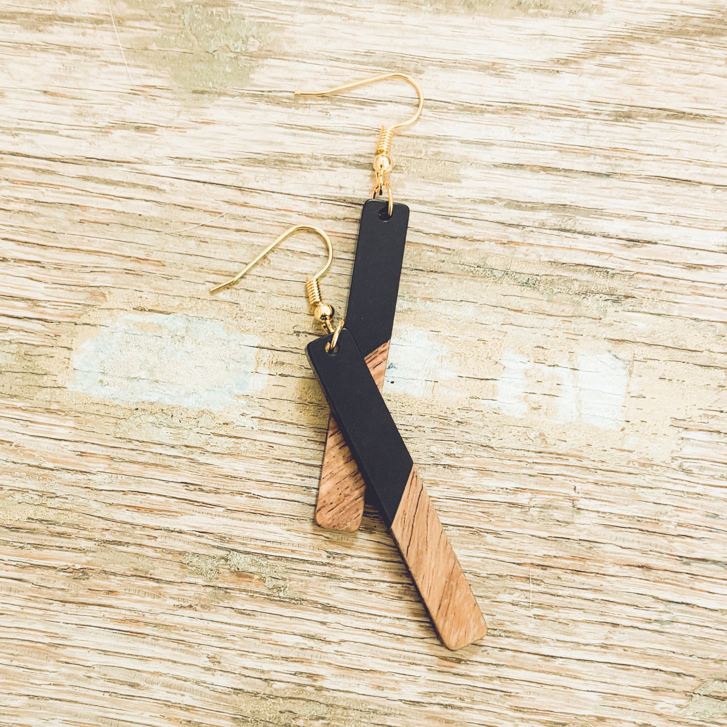 Beautiful Black Resin and Wooden Bar Earrings