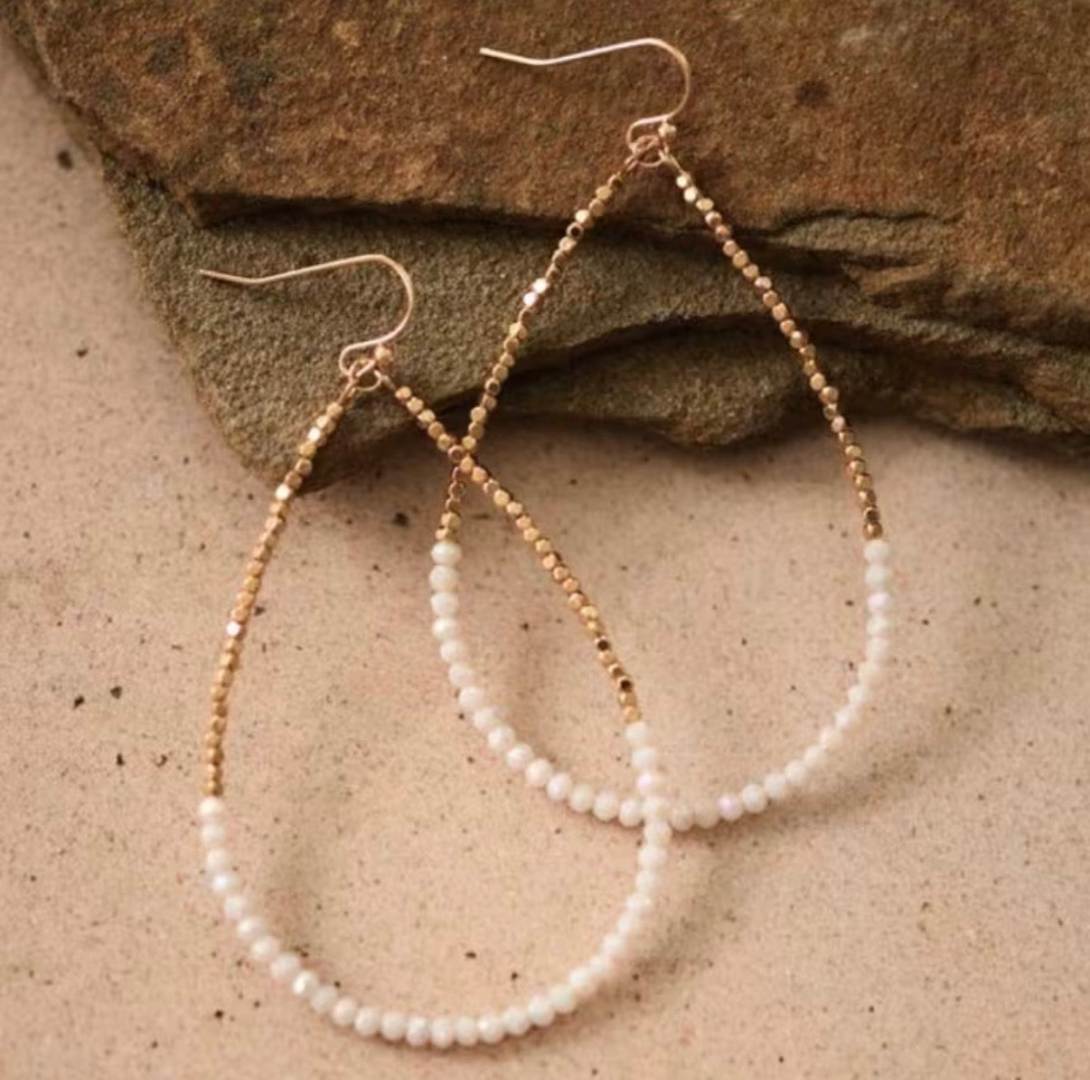 Boho White and Gold Beaded Water Drop Earrings
