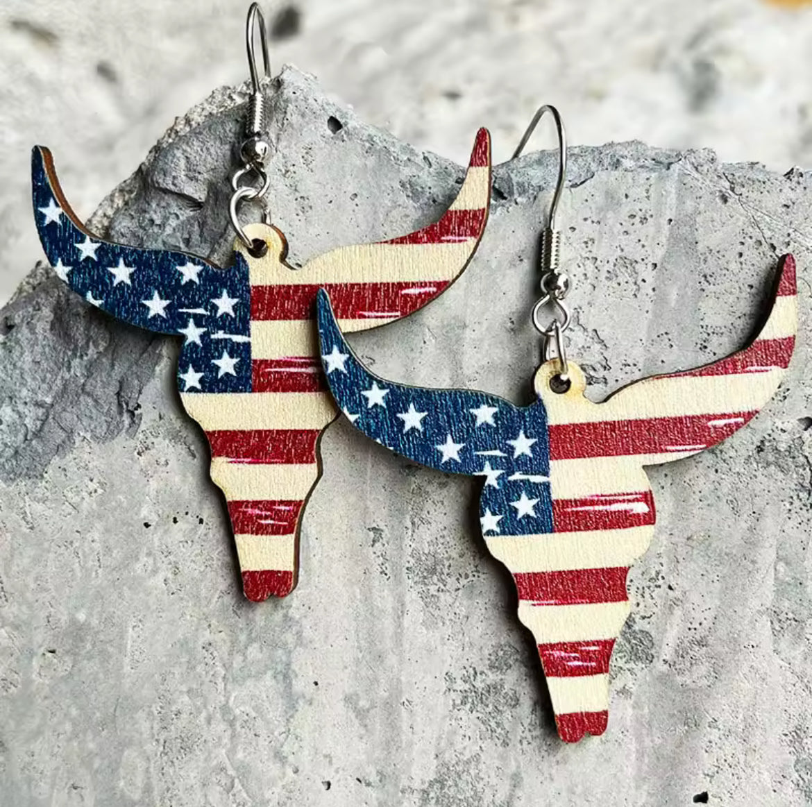 American Flag Wooden Steer Earrings