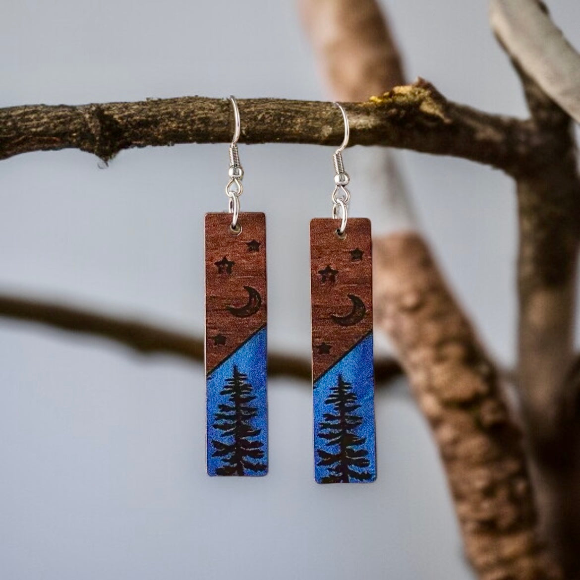 Beautiful Wooden Moonlit Tree Earrings