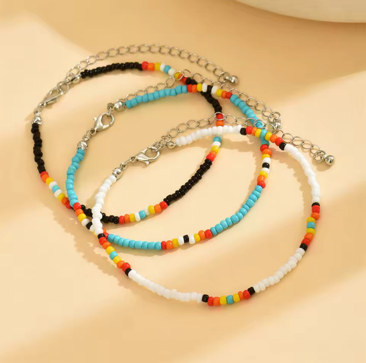 Adjustable 3 Piece Beaded Anklet Set