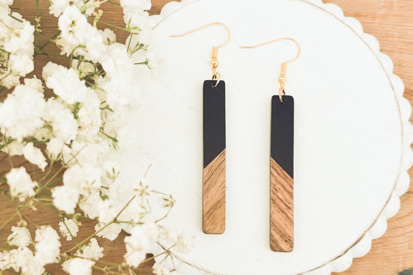 Beautiful Black Resin and Wooden Bar Earrings
