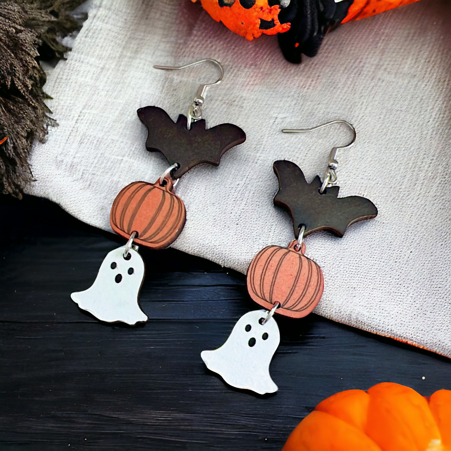 Wooden Halloween Drop Earrings