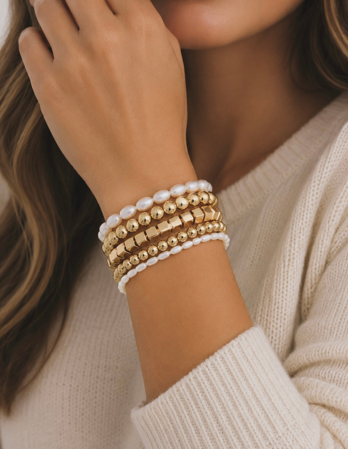 Classic Gold & Pearl Stretch Bracelet Stack