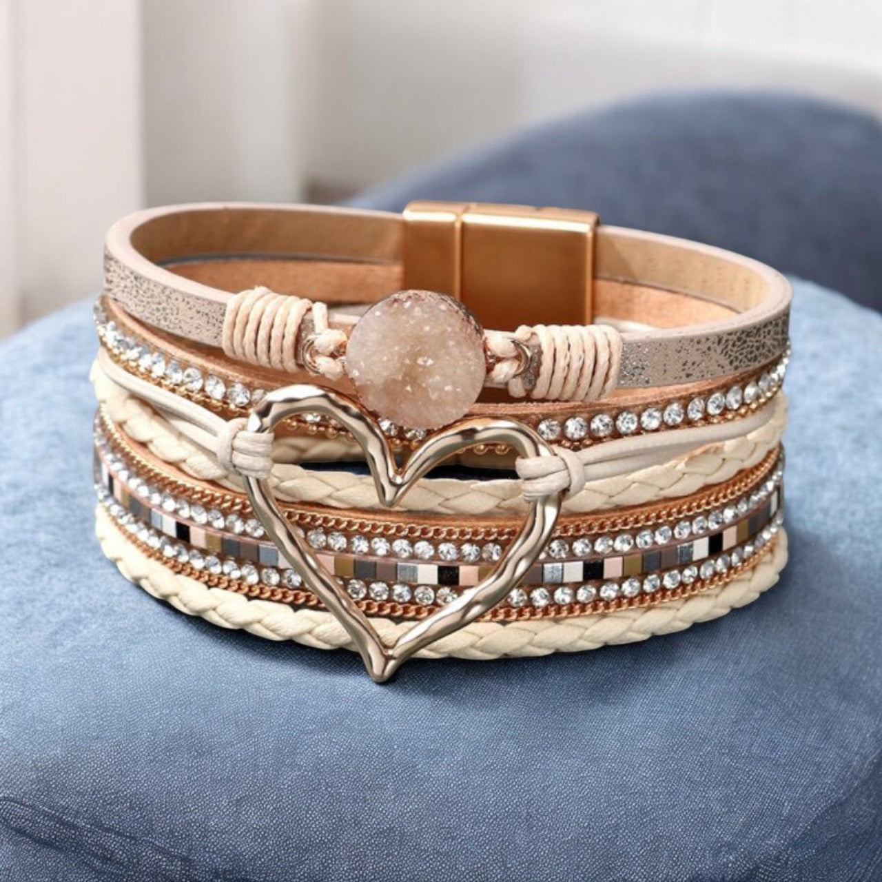 Beige Heart and Rhinestone Layered Bracelet