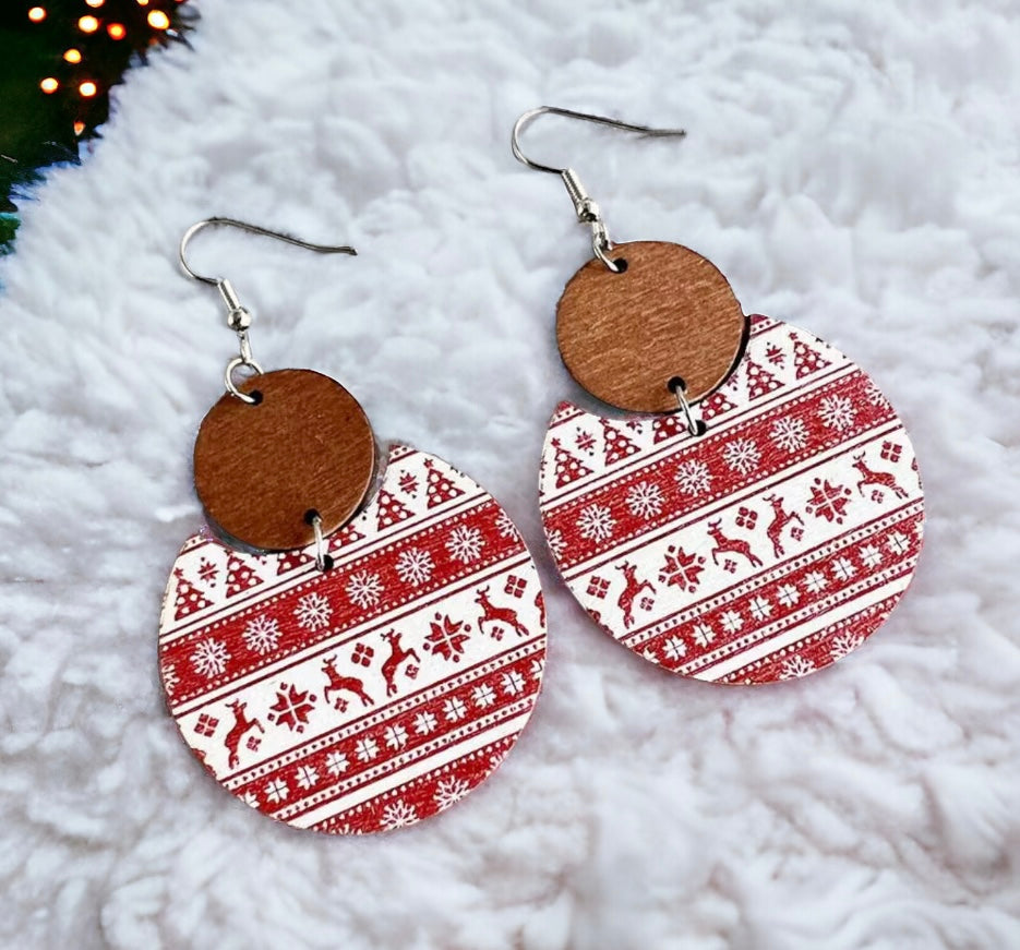Beautiful Red and White Christmas Striped Wooden Earrings
