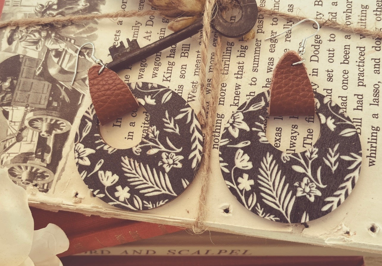 Leather Wrapped Black and White Floral Wooden Drop Earrings