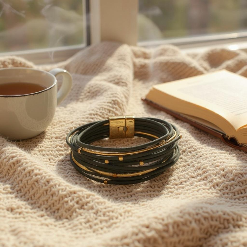 Green Layered Bracelet with Bead Accents