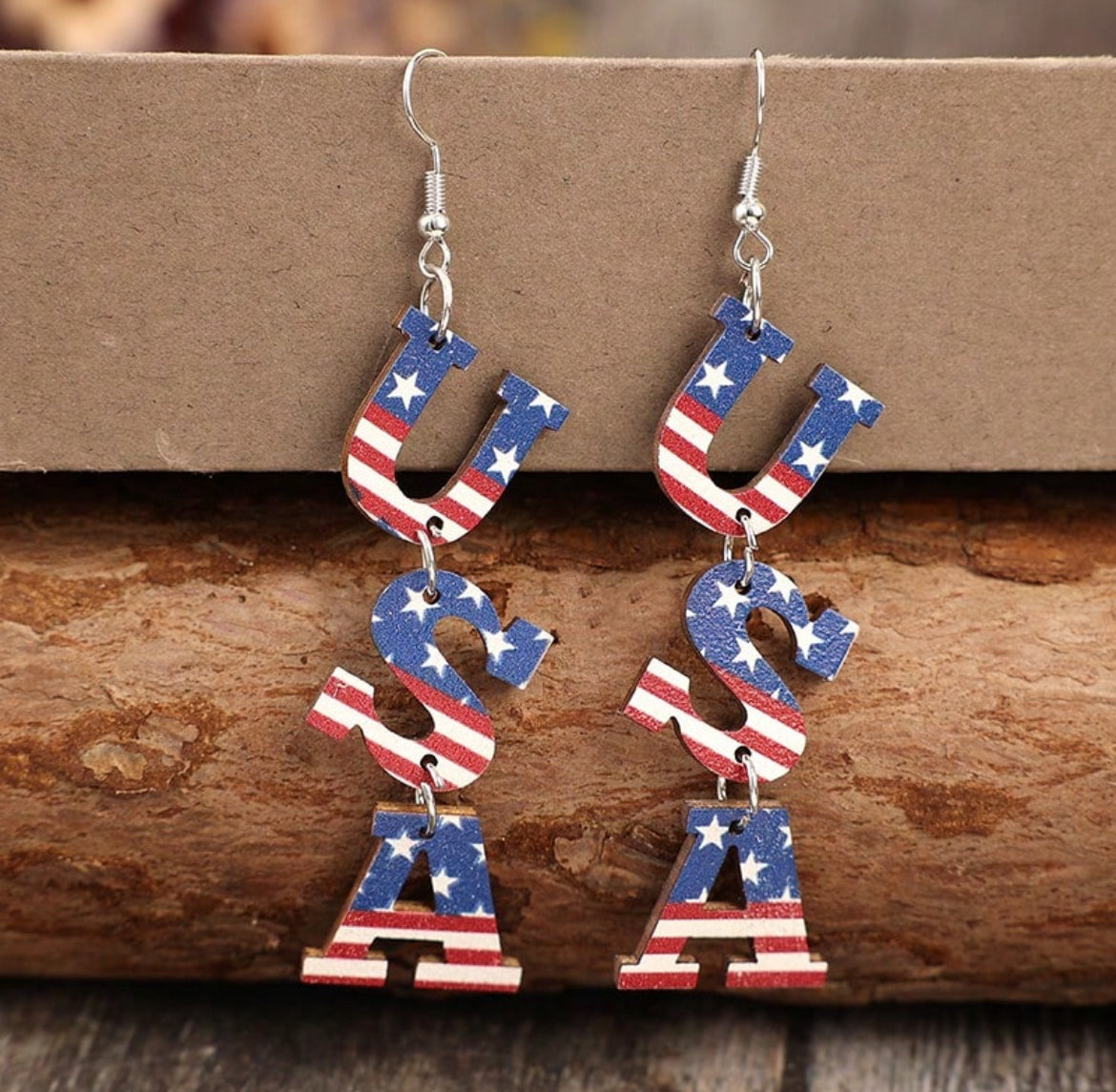 Wooden Red, White, and Blue U.S.A. Earrings