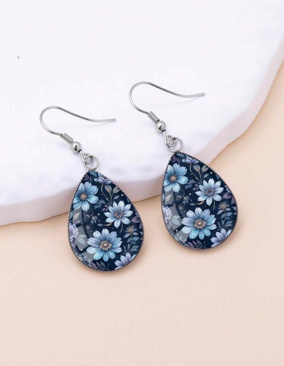 Blue Floral Teardrop Earrings