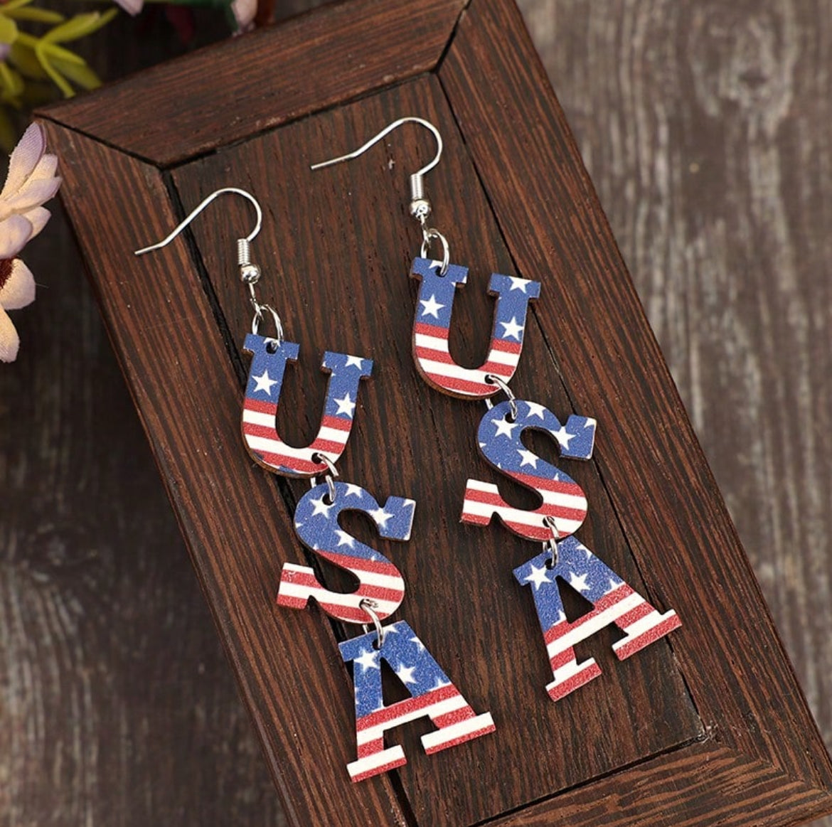 Wooden Red, White, and Blue U.S.A. Earrings
