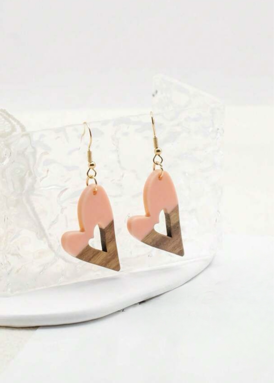 Beautiful Heart Shaped Wood and Pink Resin Earrings