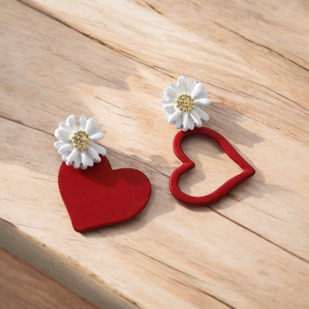 Red Heart and Daisy Earrings