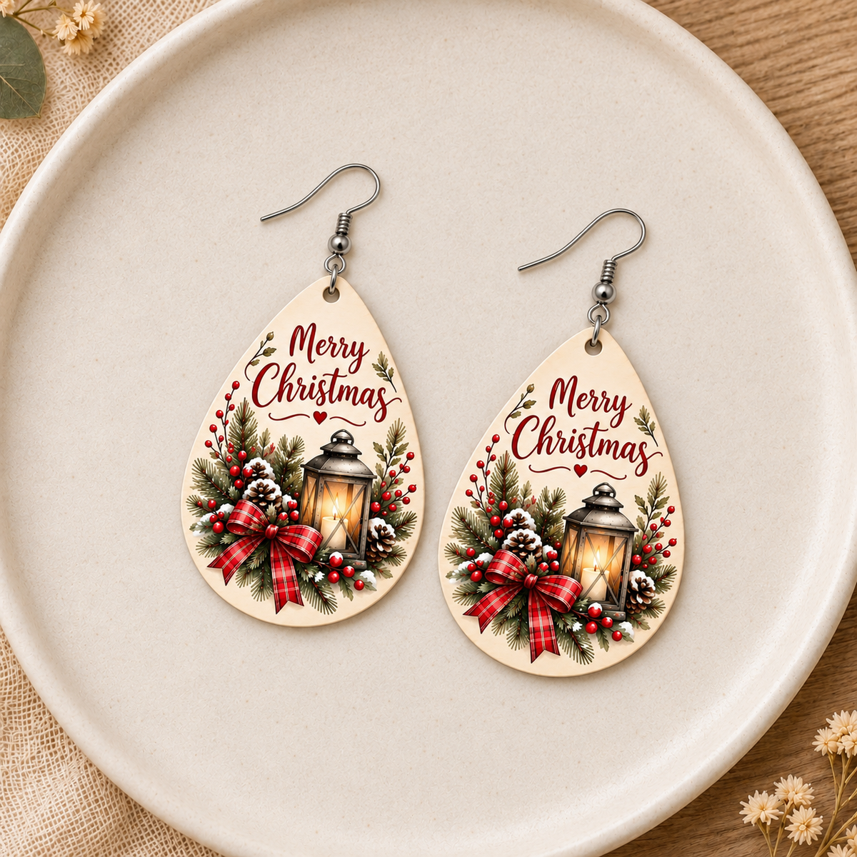 Merry Christmas Lantern Wooden Earrings