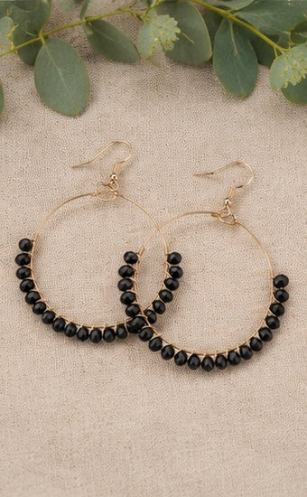 Black Beaded Gold Hoop Earrings