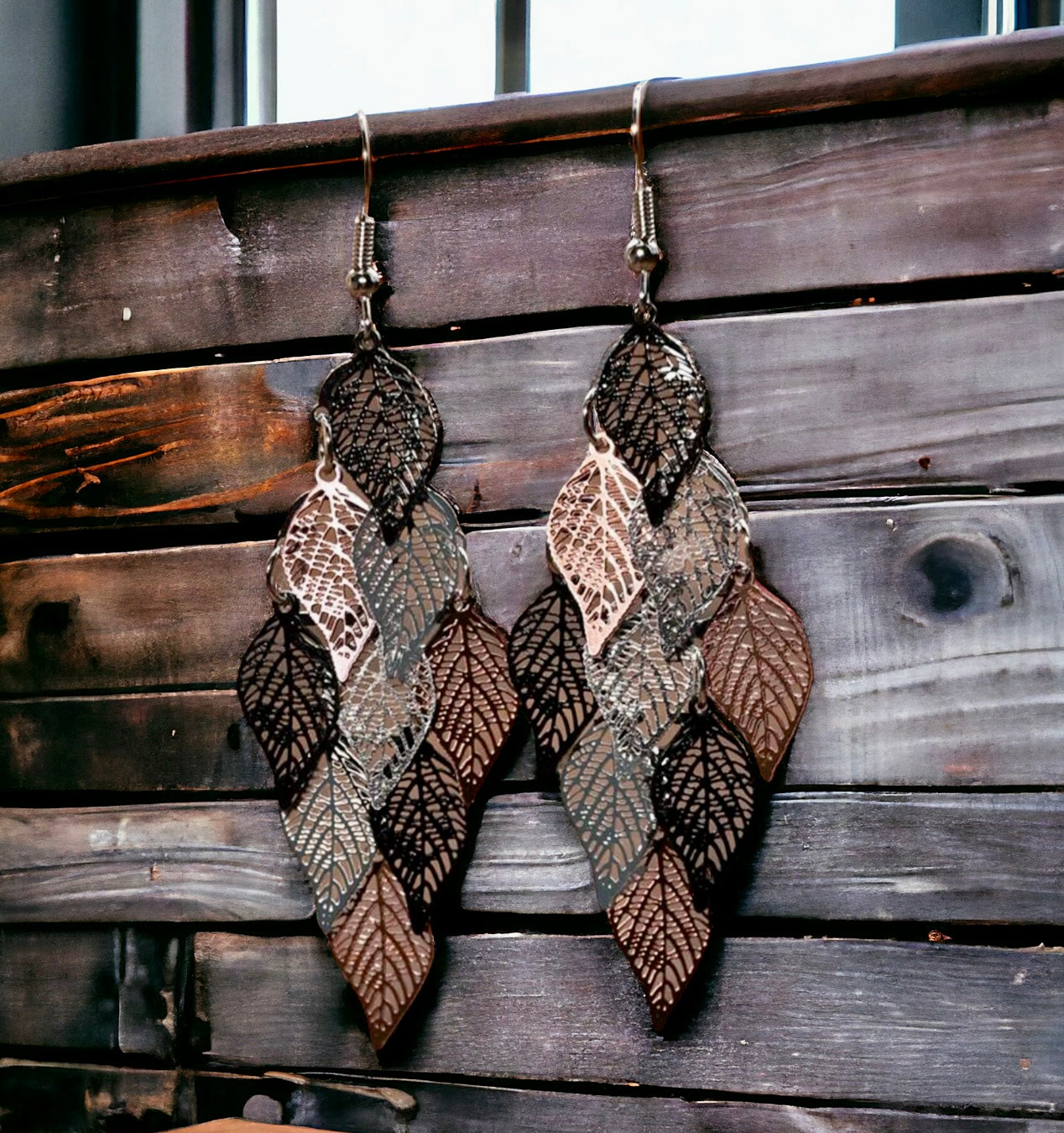 Beautiful Black, Silver, and Bronze Leaf Tassel Earrings