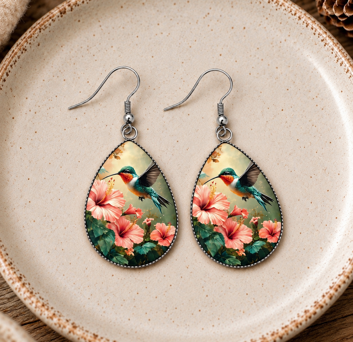 Hummingbird & Hibiscus Teardrop Earrings