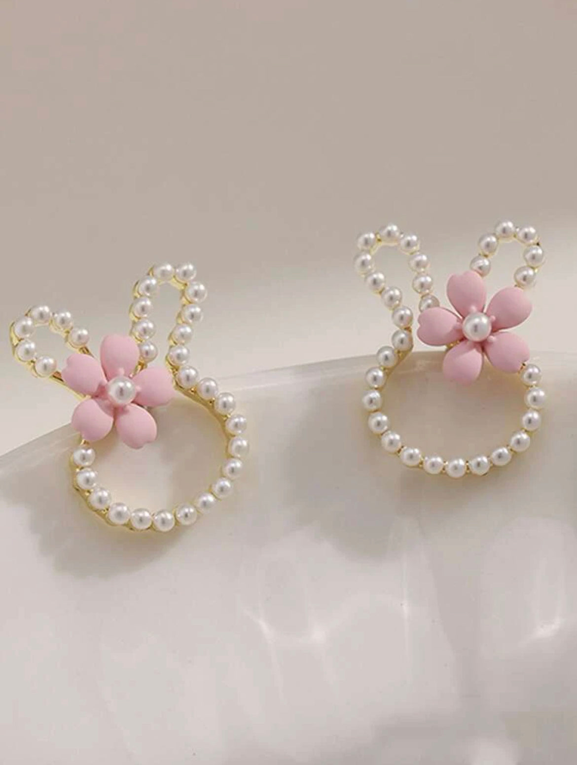 Easter Bunny Earrings with Pearls and a Pink Dainty Flower