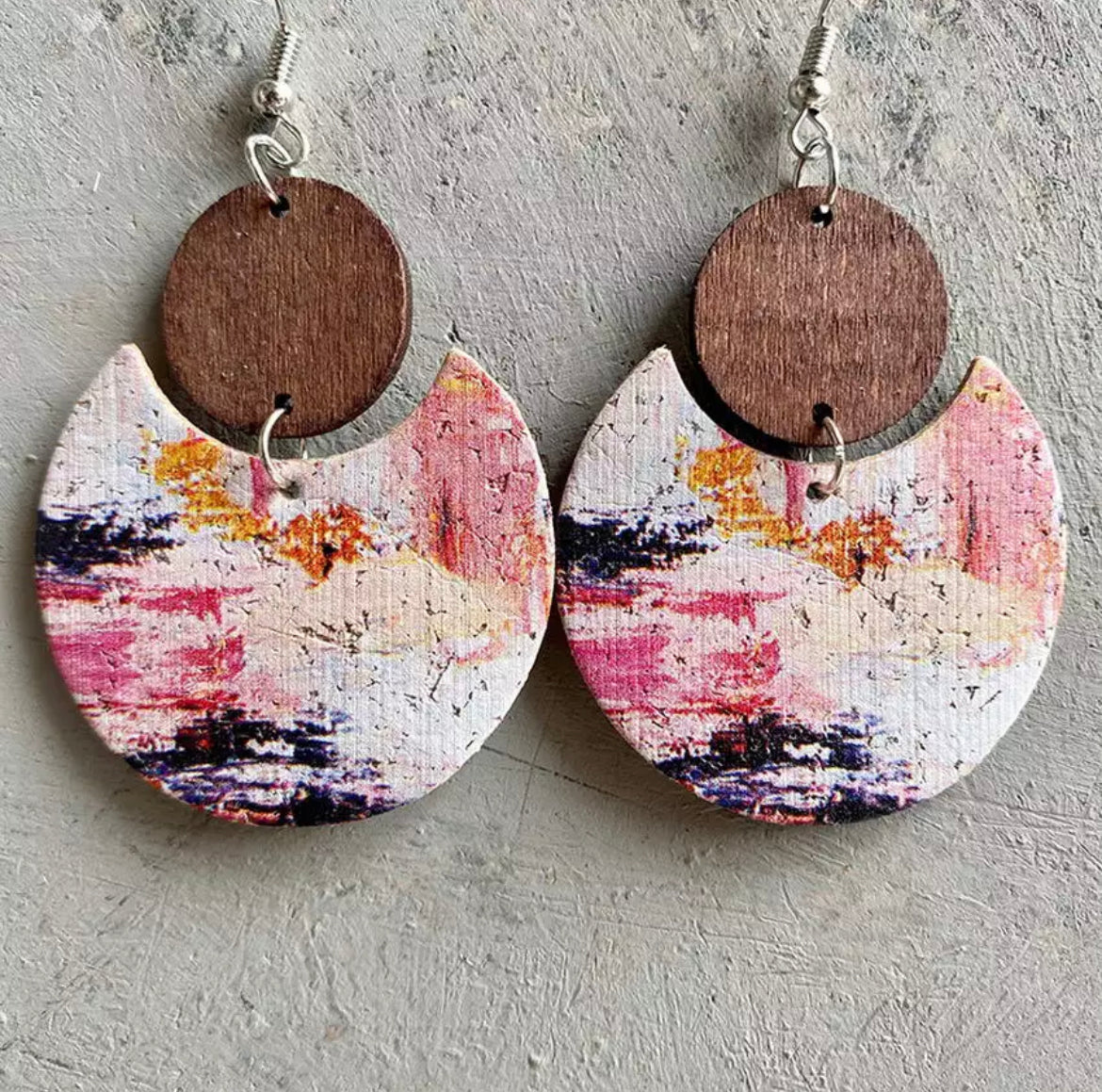 Cork Moon and Wood Disc Earrings