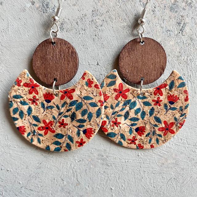 Cork Moon and Wood Disc Earrings