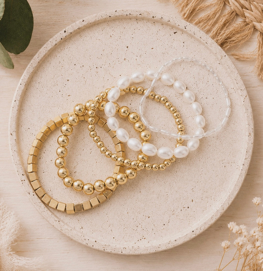 Classic Gold & Pearl Stretch Bracelet Stack