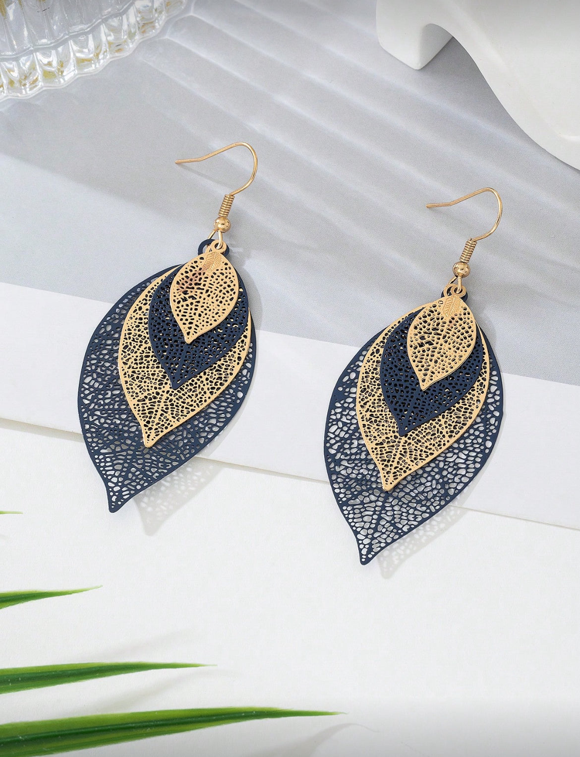 Delicate Gold and Black Leaf Earrings