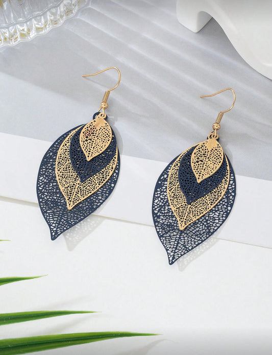Delicate Gold and Navy Blue Leaf Earrings